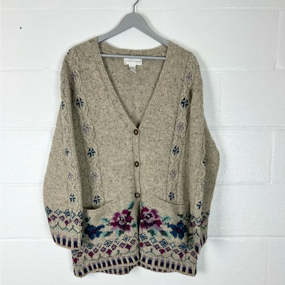 Vintage 80s Casual Corner Floral Long cardigan sweater size XL wool blend